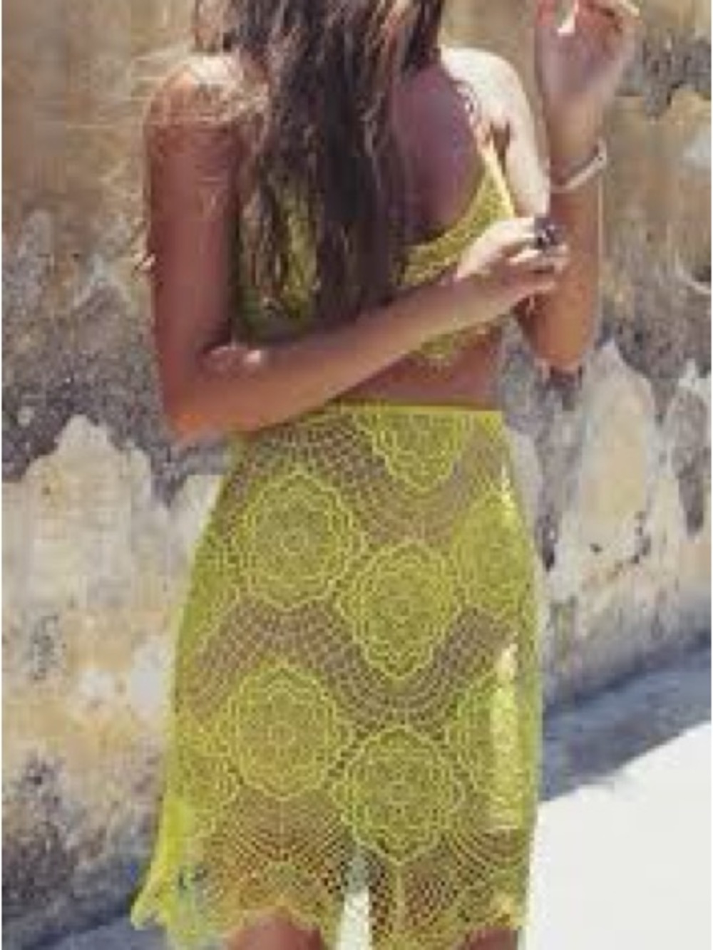L'ATISTE Yellow Crochet Midi Skirt set